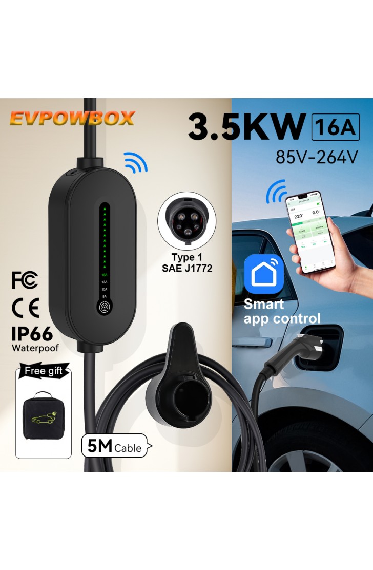 EVPOWBOX Type1 EV Charger WIFI APP Control 16A 3.5KW 5M Cable Portable Charging Box Set Charging&DelayTime for EV Cars